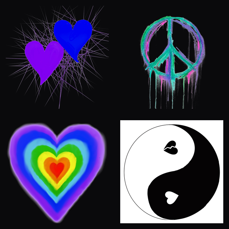 The four Devious Do Gooder designs: Heart Burst, Peace Sign, Rainbow Hearts, and Yin-Yang Heart